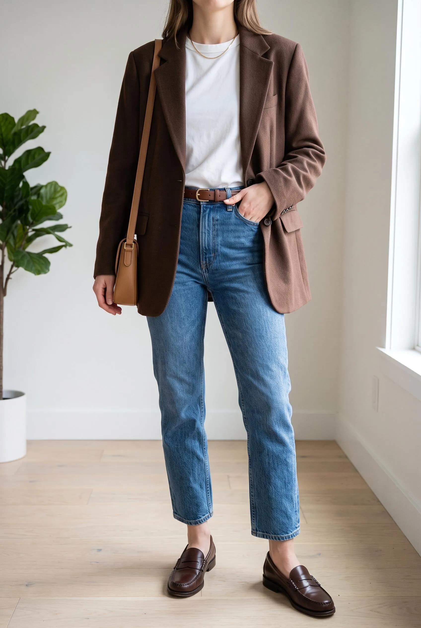 Chocolate brown blazer over a white tee with straight blue jeans and brown loafers