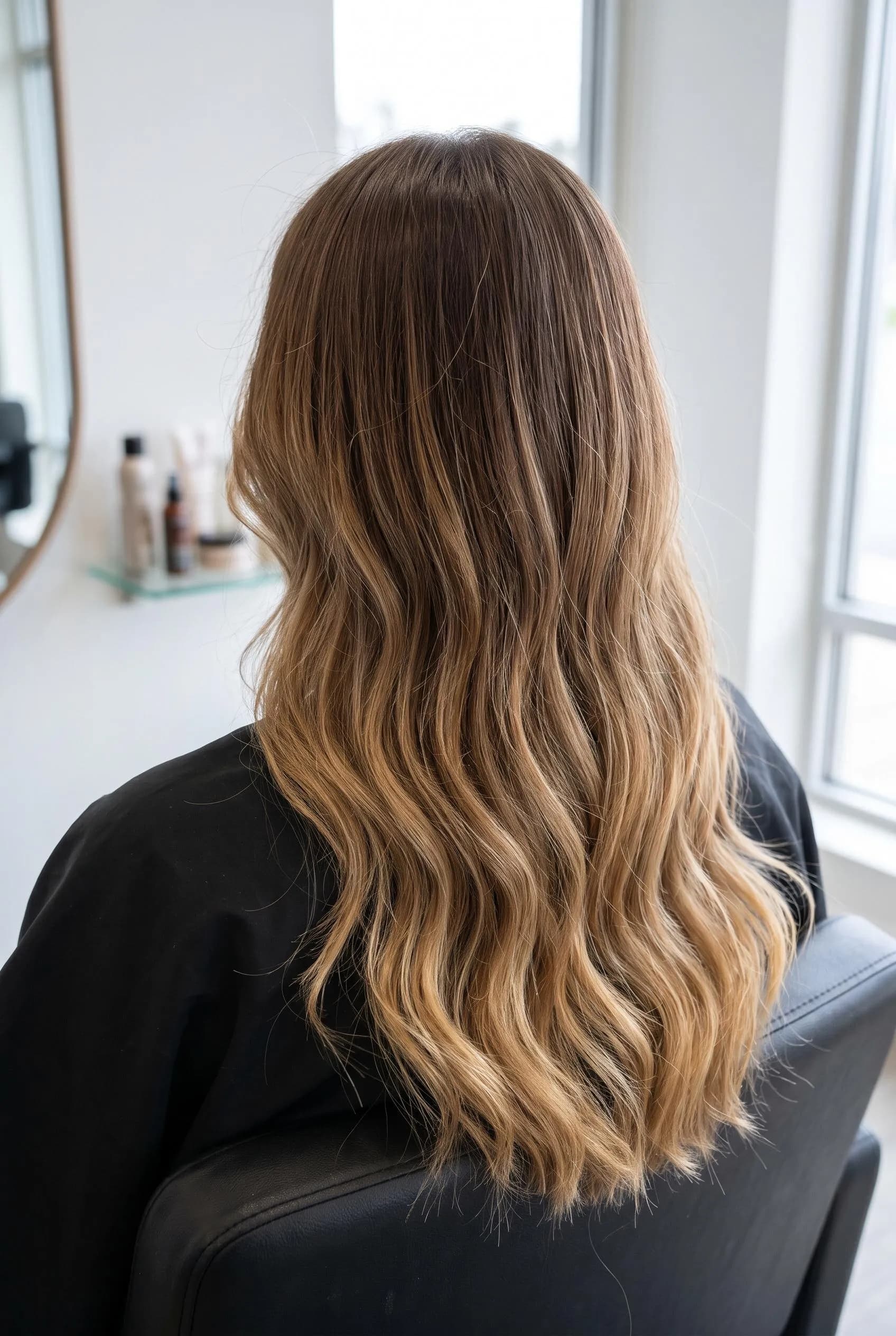 Long brown waves with soft honey blonde balayage in a salon chair
