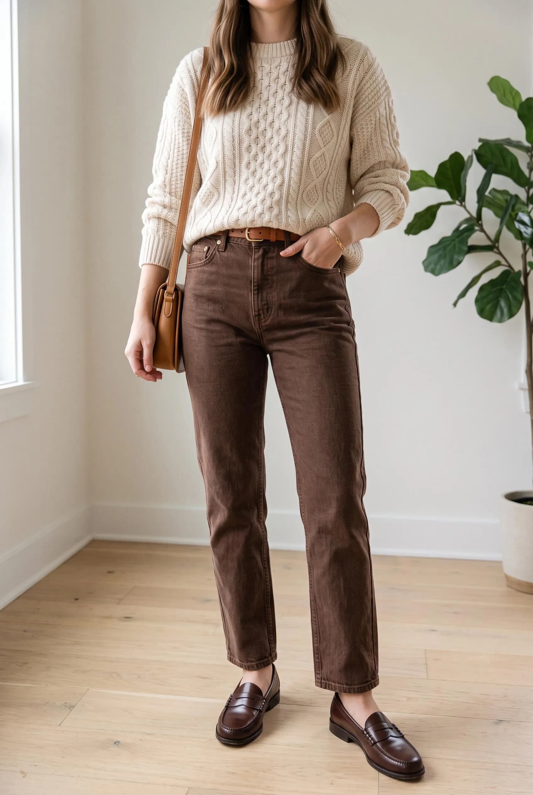 Chunky cream cable knit with chocolate brown straight-leg jeans and brown penny loafers
