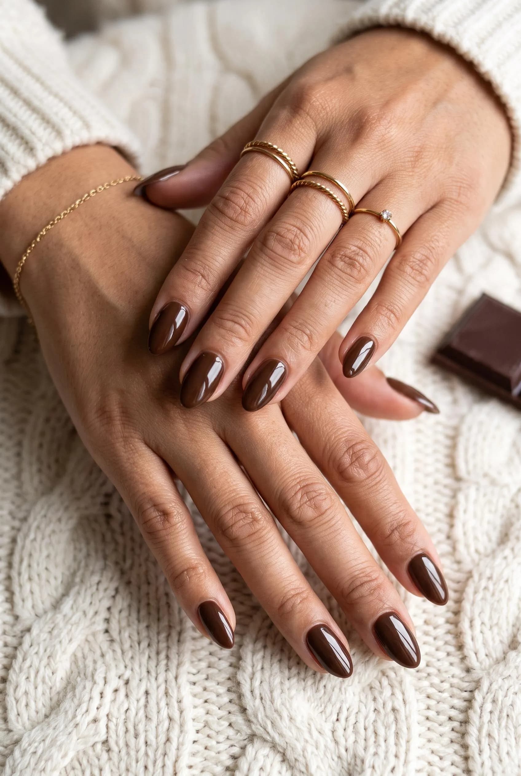 Glossy deep chocolate brown almond nails on a cream cable knit