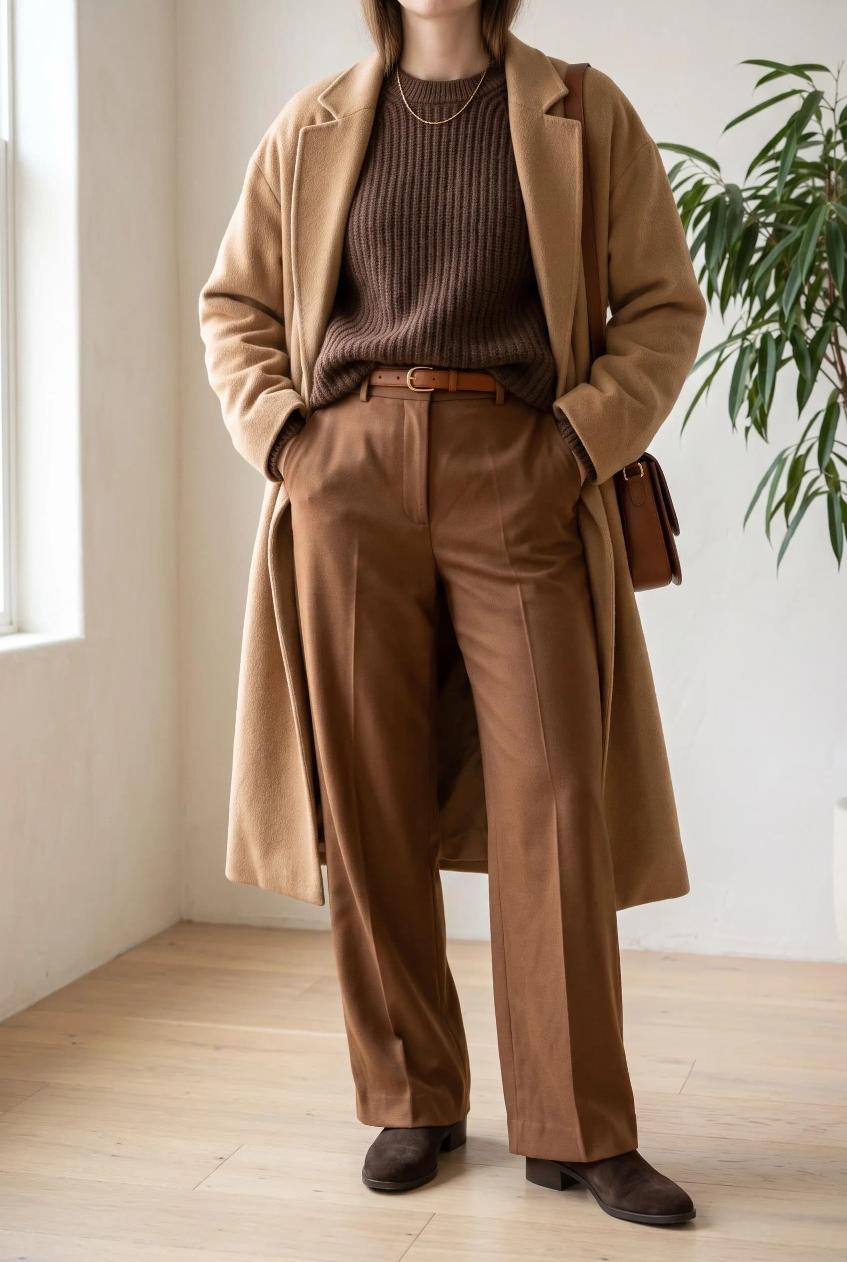 Long camel coat over a chocolate knit with tobacco brown wide-leg trousers and suede boots