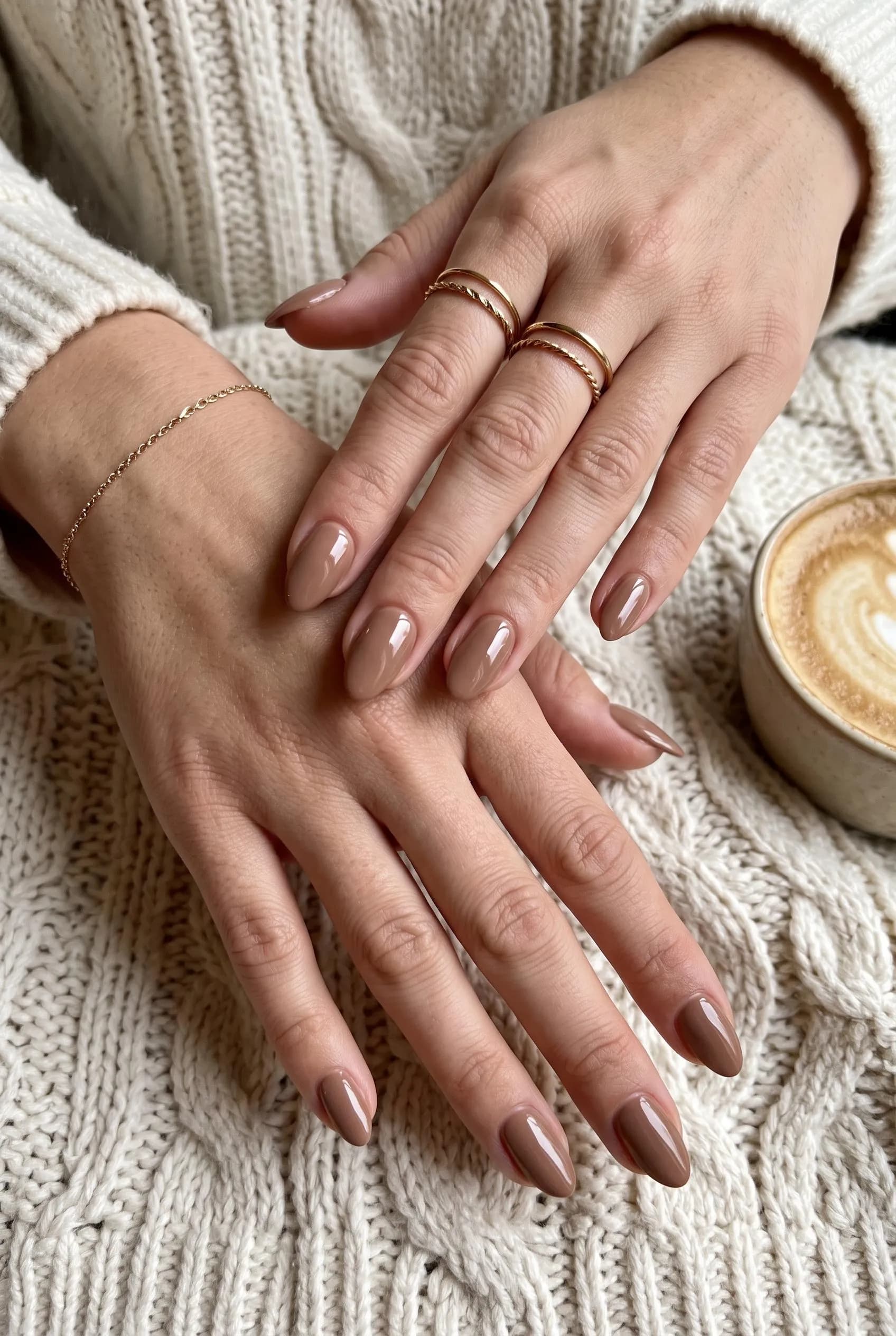 Creamy mocha mousse almond nails on a cream cable knit beside a latte