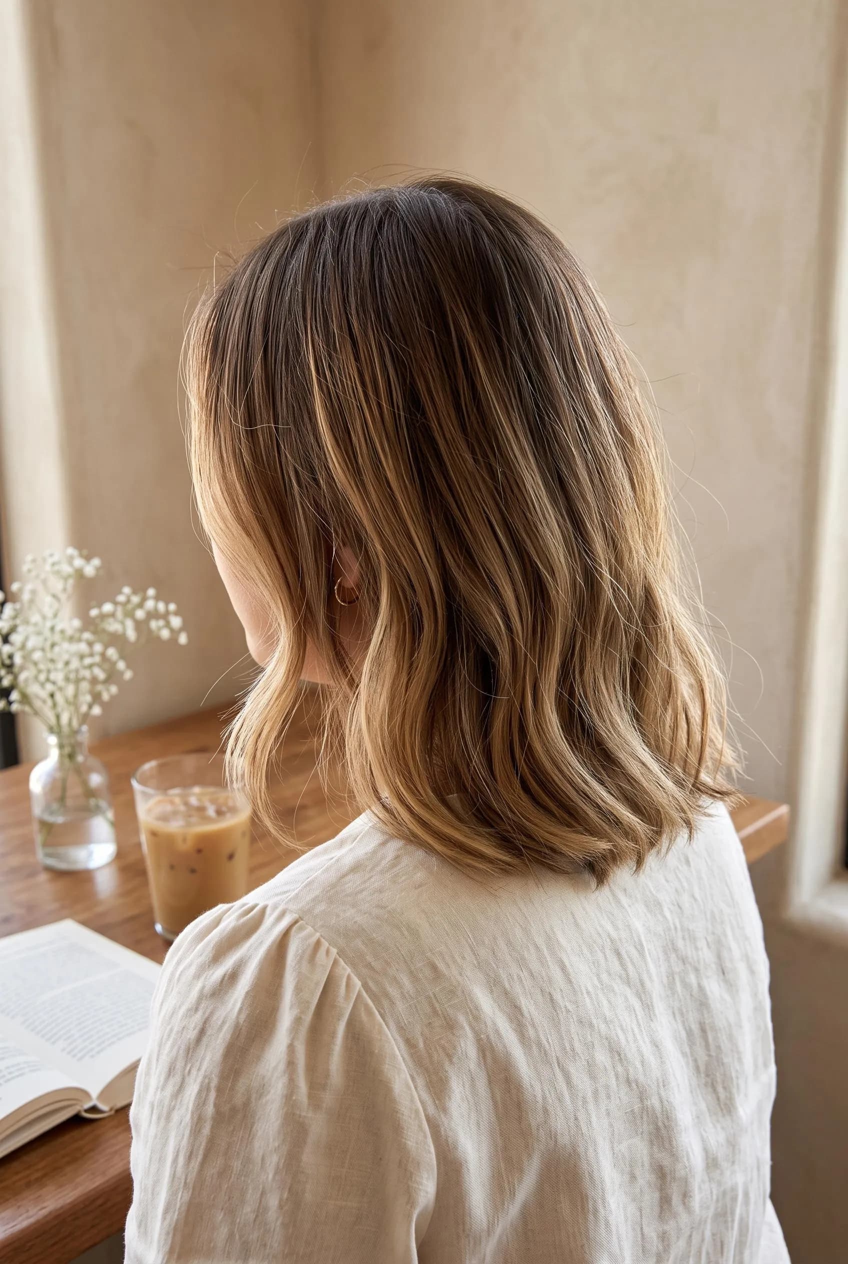 Shoulder-length brown hair with soft honey blonde balayage through the ends