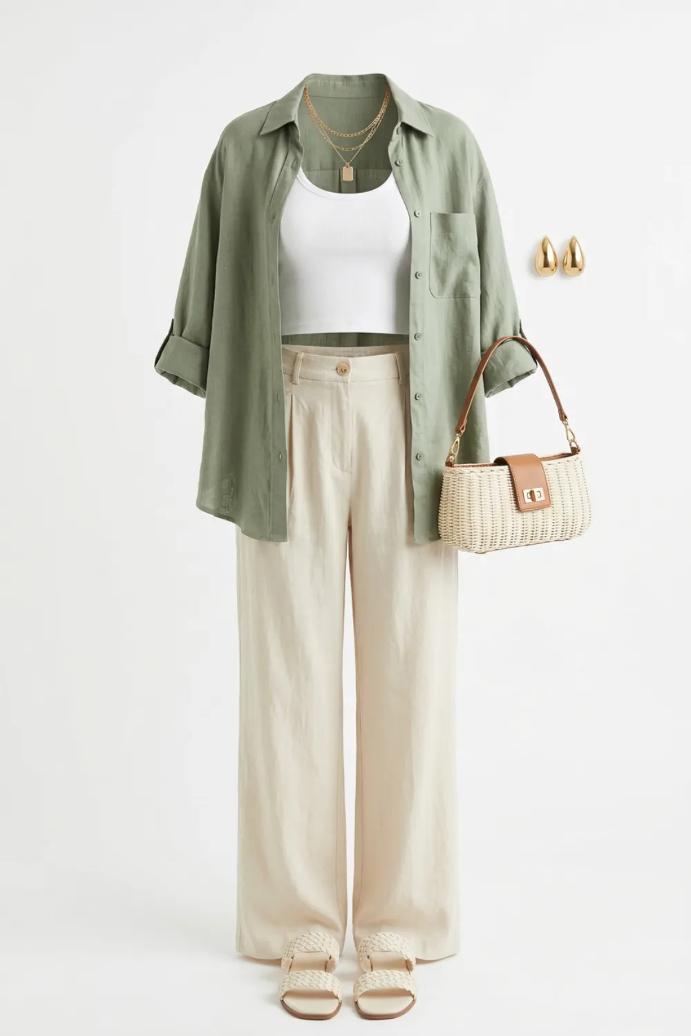 Flat lay of a sage overshirt, a white tank, cream wide-leg trousers, a small cream bag and nude sandals