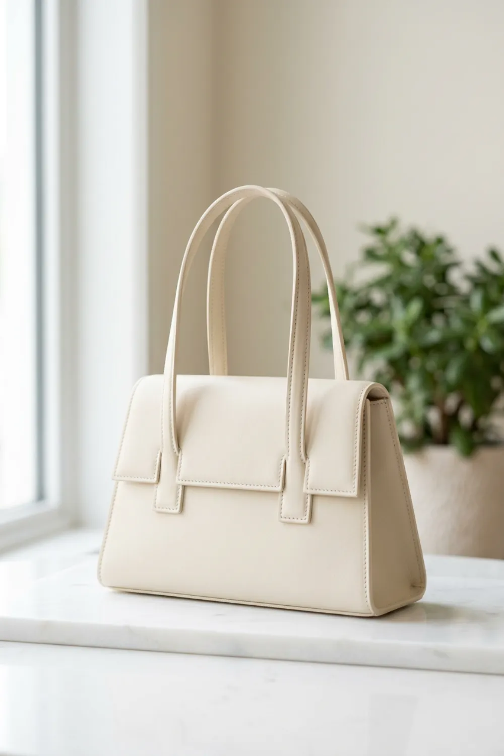 Minimal cream leather shoulder bag with a flap and slim straps on a marble surface