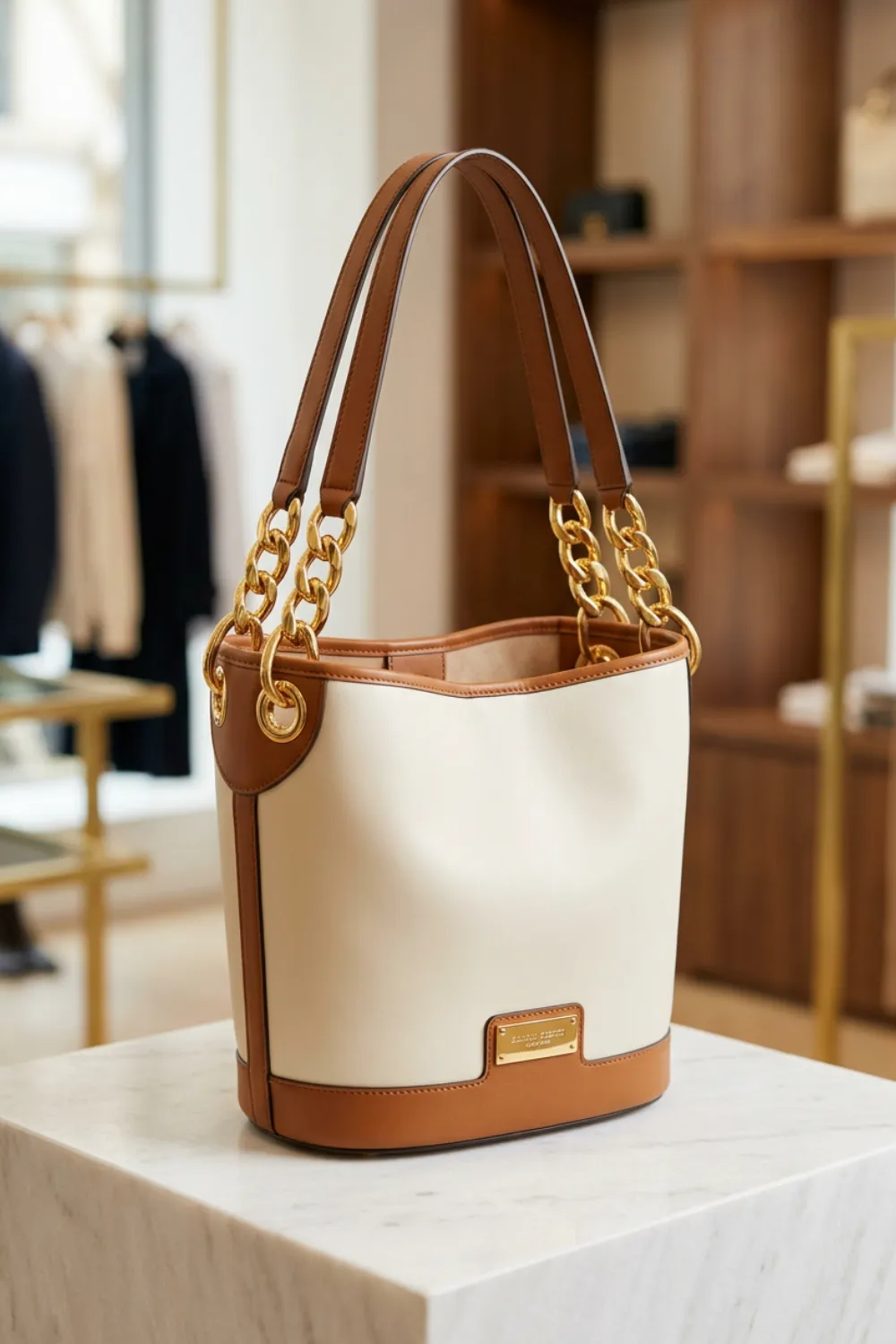 Cream canvas bucket tote with tan leather trim and gold chain straps