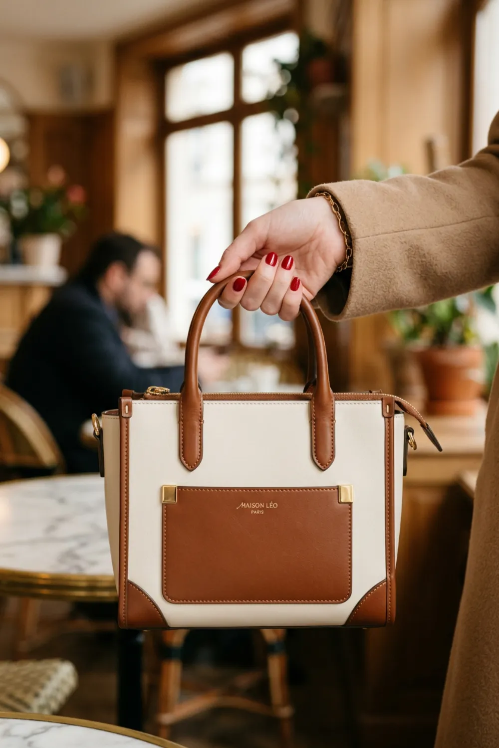 A hand holding a cream and tan leather tote bag in a cafe