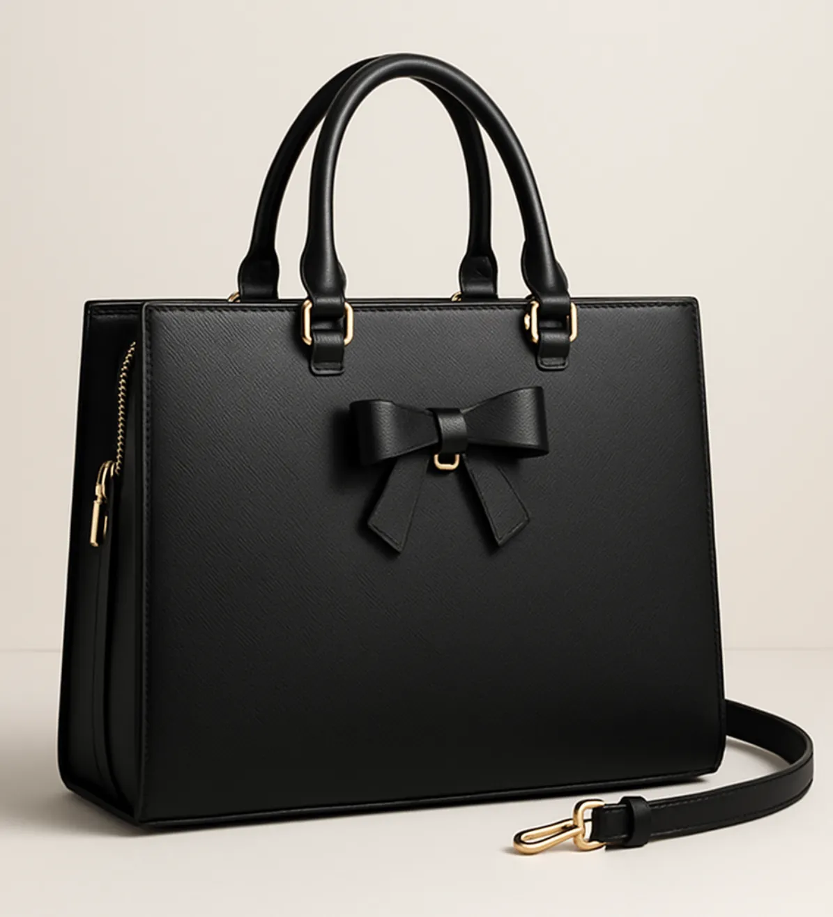 Structured black tote bag with a black bow on the front