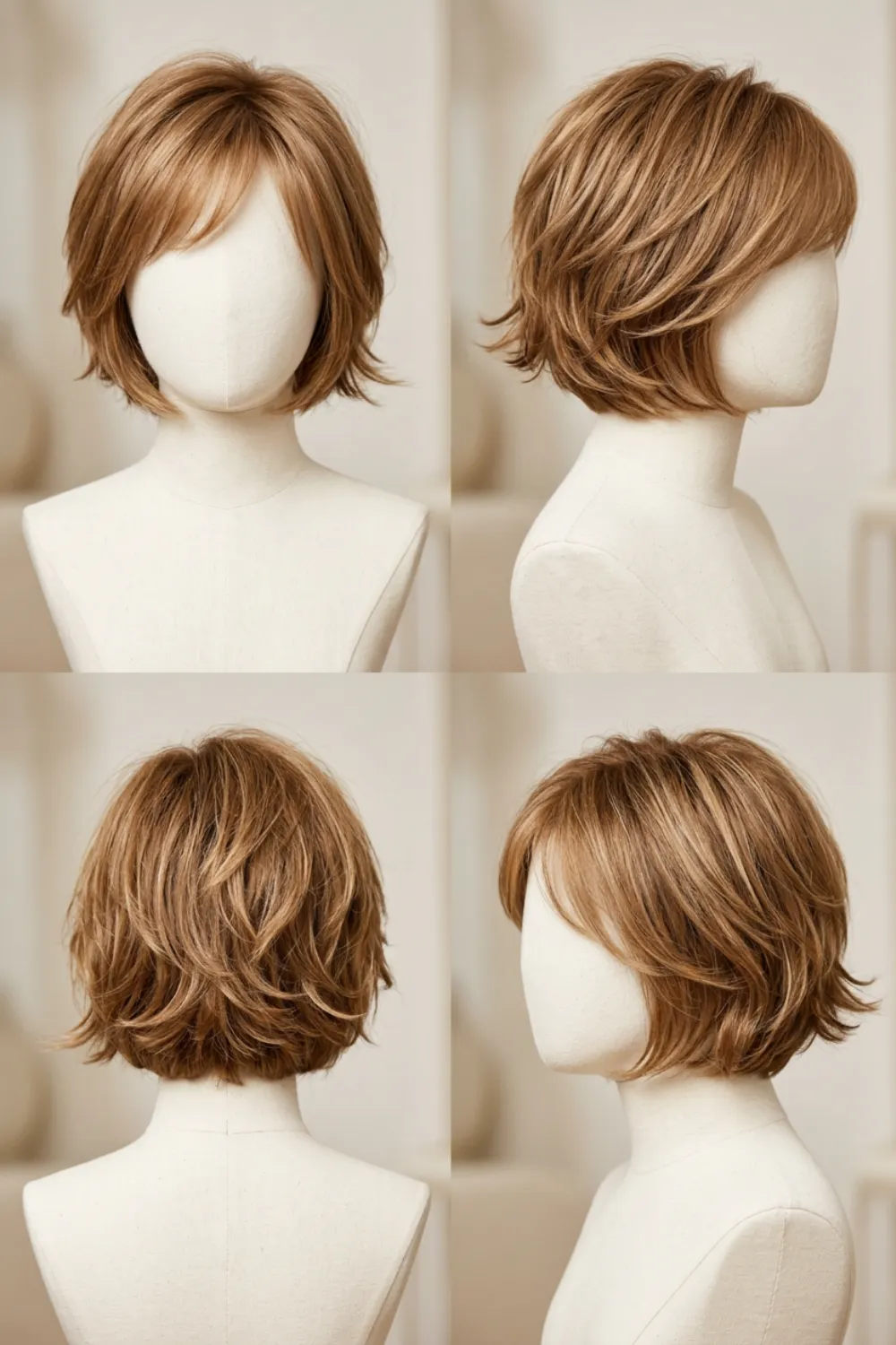 Short layered caramel brown bob with bangs shown from four angles