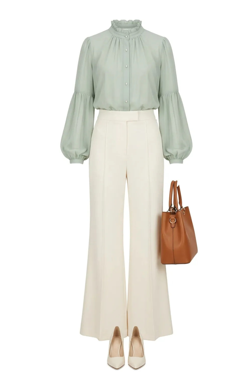Flat lay of a sage blouse, cream flared trousers, a brown tote bag and cream pointed heels