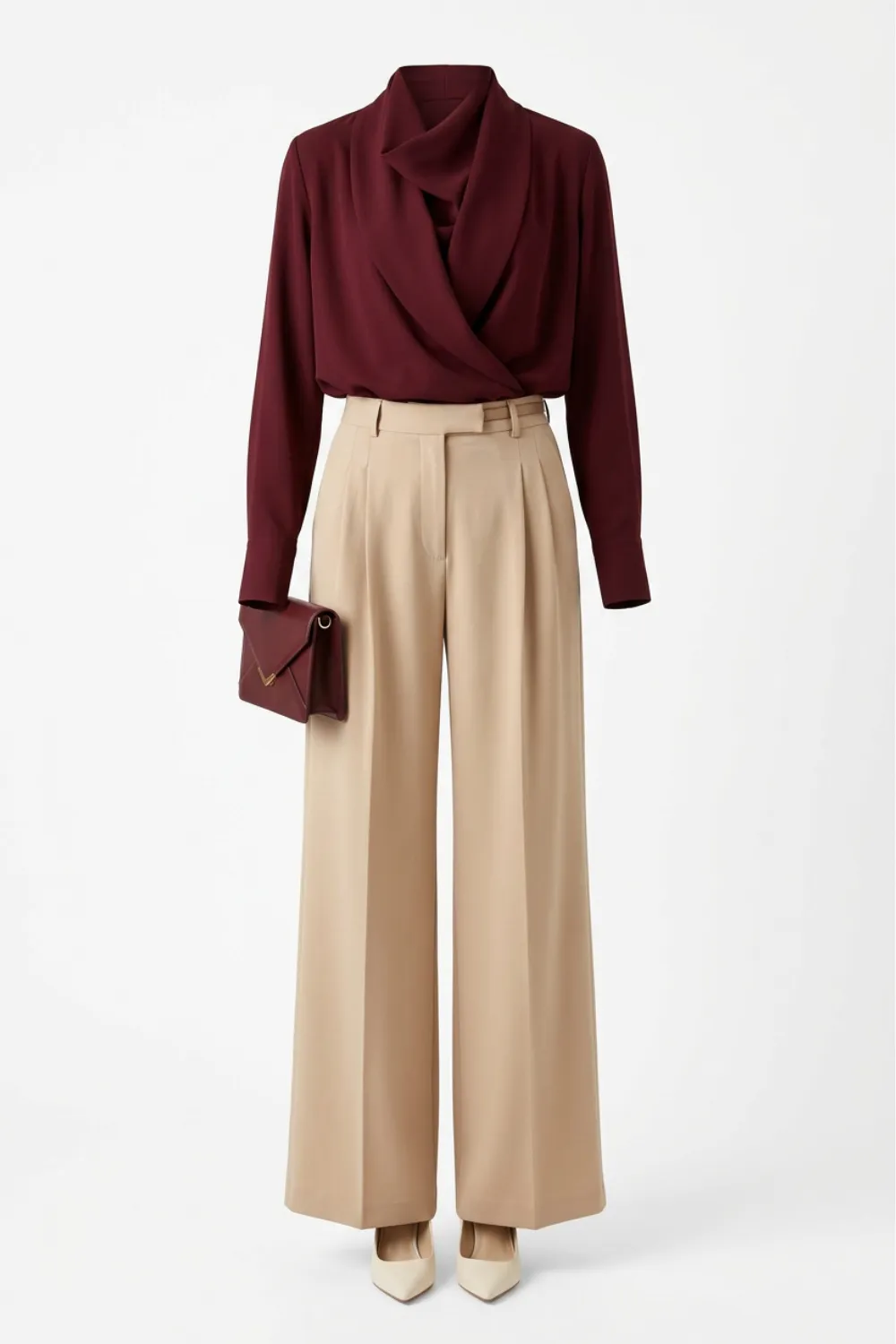 Burgundy draped blouse with light brown wide-leg trousers, nude pumps and a burgundy clutch