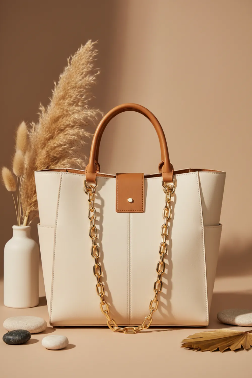 Cream leather tote bag with tan leather handles and gold chain detailing