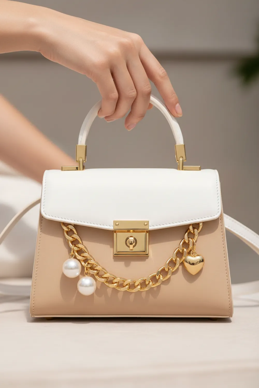 A hand holding a beige and white top-handle bag with a gold clasp and a gold chain charm