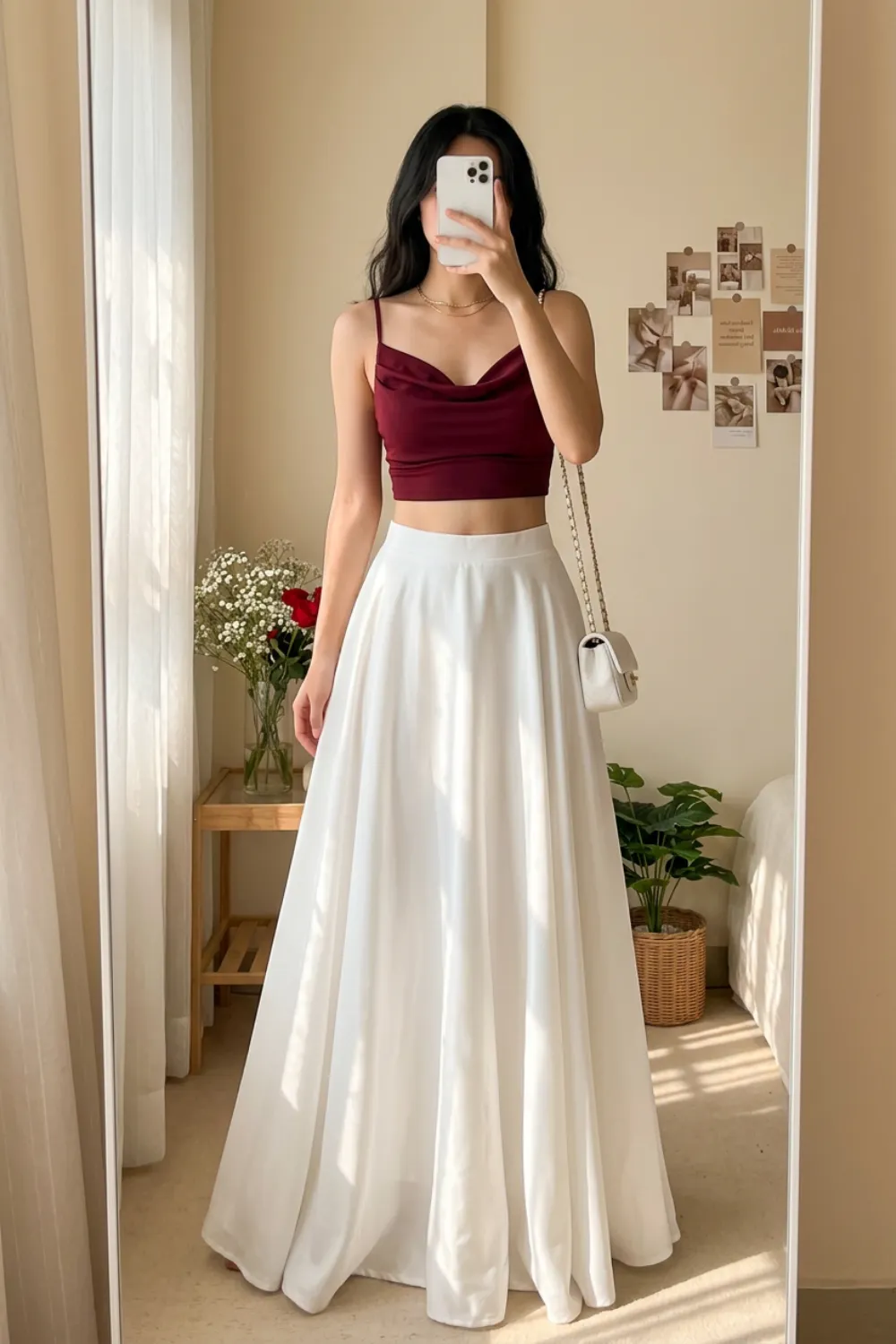 Woman in a burgundy cami top and a white maxi skirt taking a mirror selfie