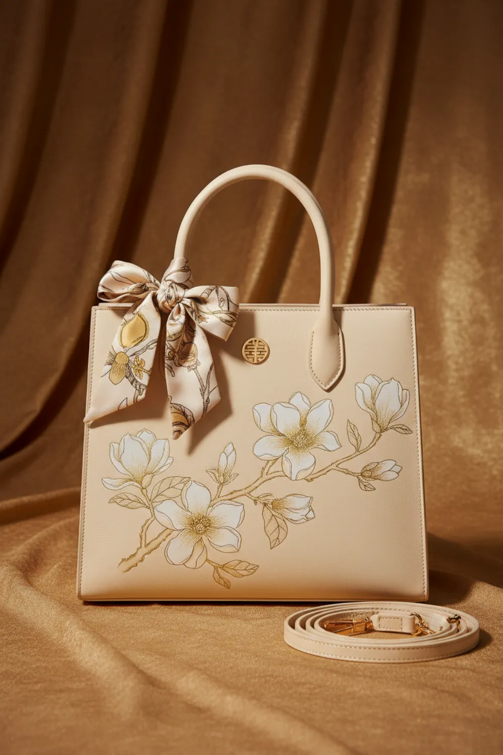 Cream structured handbag with gold floral embroidery and a silk scarf tied to the handle