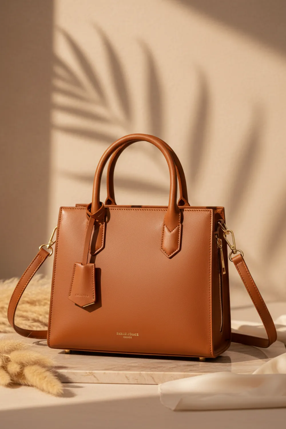 Structured cognac leather tote bag with top handles and a detachable strap