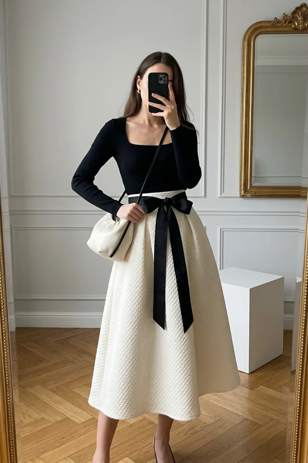 Woman in a black top and a cream midi skirt with a black bow sash, taking a mirror selfie