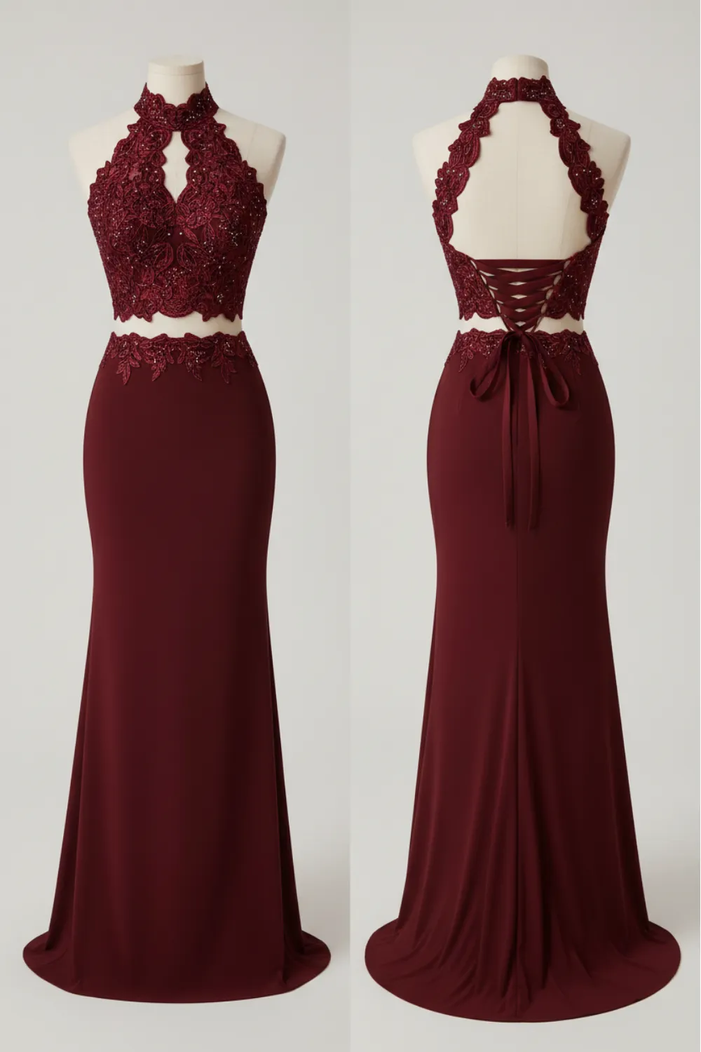 Burgundy lace halter-neck gown shown from the front and back on a dress form