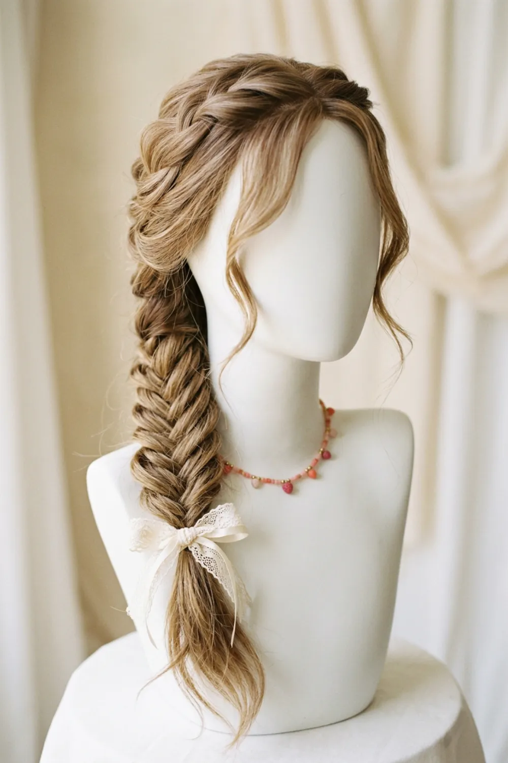 Loose fishtail braid showing golden blonde and light brown highlights