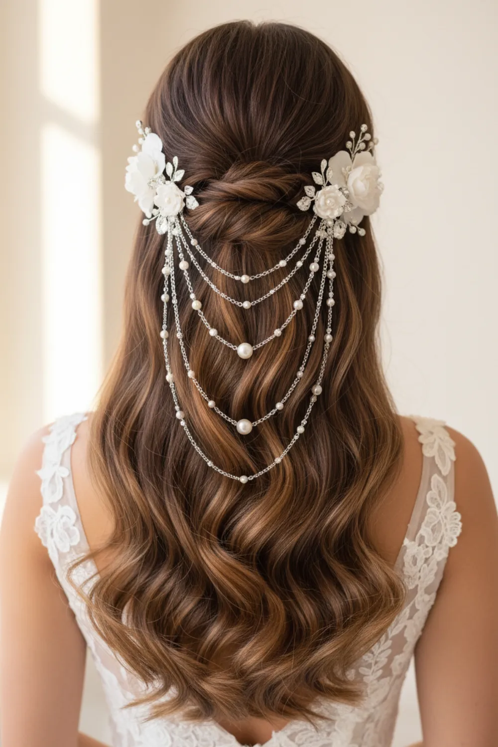 Half up wedding hair with white floral pins and draped pearl strands over long brown waves