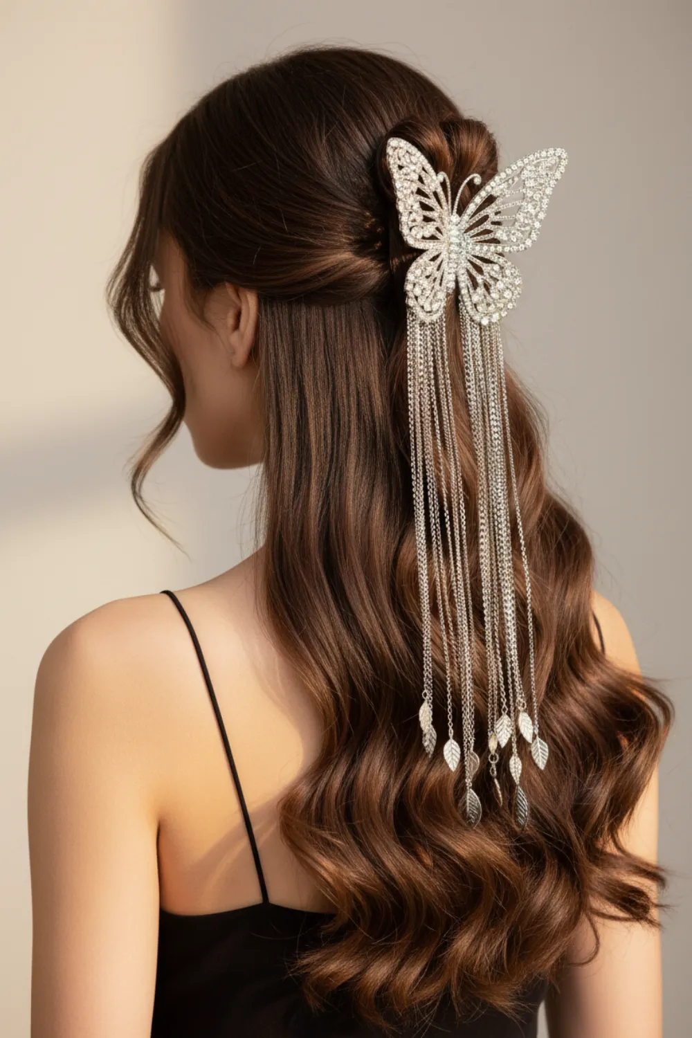 Long wavy brown hair half up with a sparkling butterfly clip and hanging chains