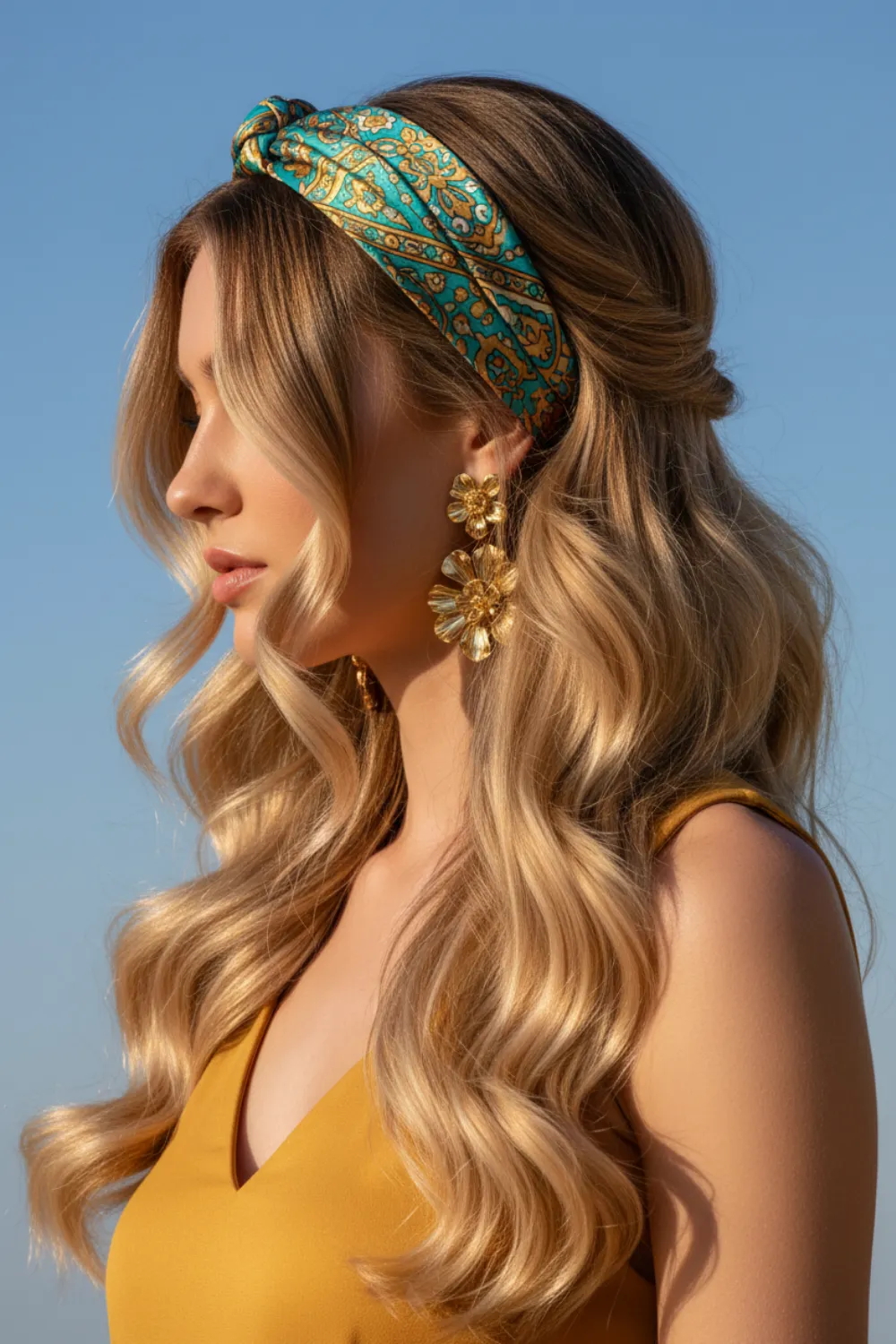 Long golden brown waves with blonde highlights and a green silk headscarf