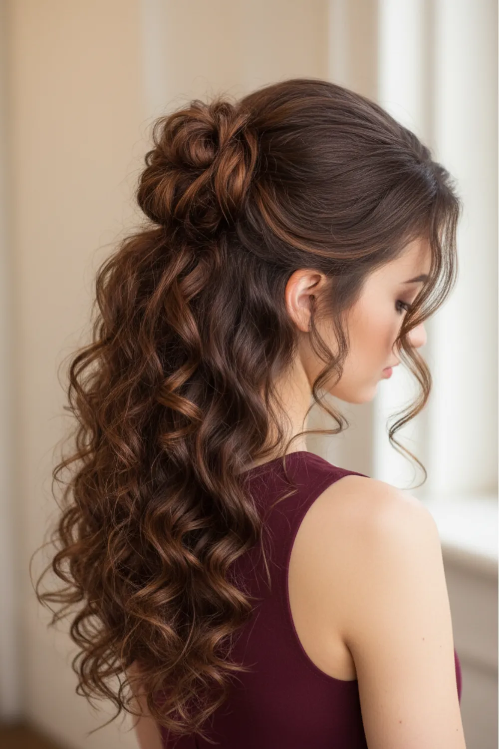 Long dark brown curls with warm lighter brown highlights