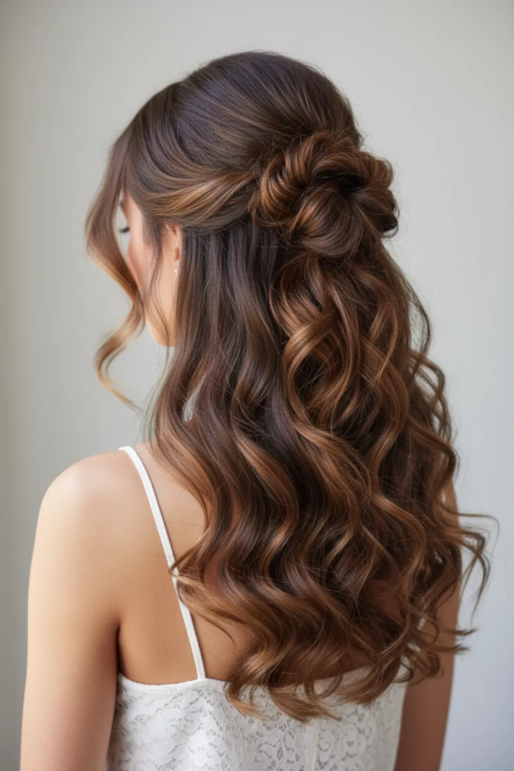 Dark brown waves with toffee and caramel highlights in a half-up twist