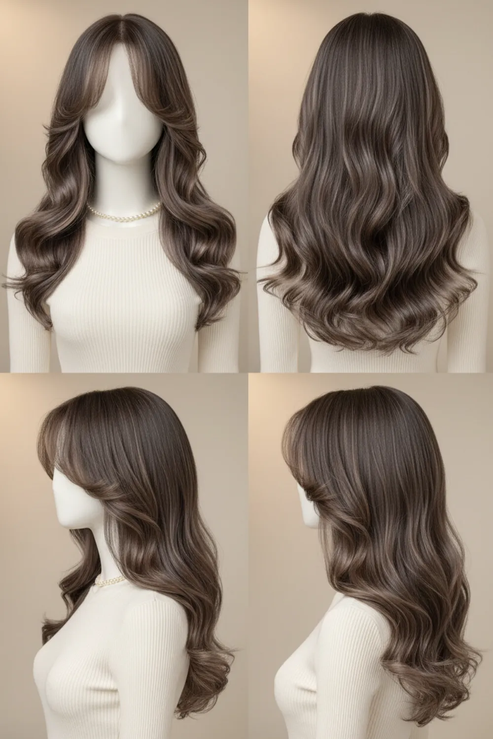 Brunette layers with curtain bangs from four angles