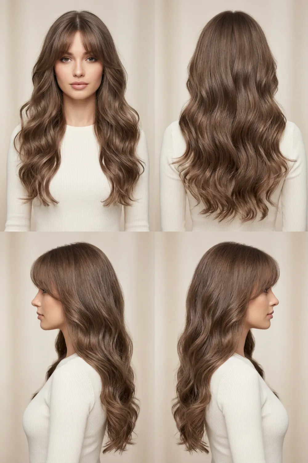 Brown butterfly haircut with curtain bangs from four angles