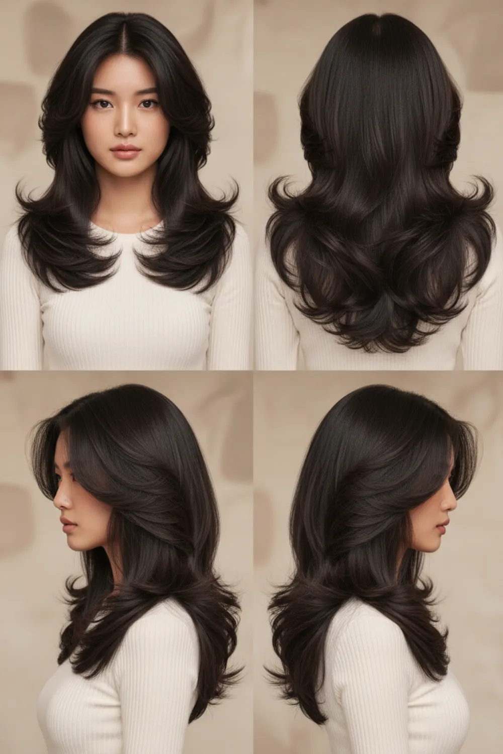 Glossy black hair with butterfly layers from four angles