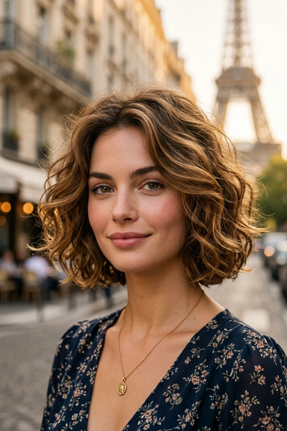 Short curly brown bob with caramel highlights through the curls