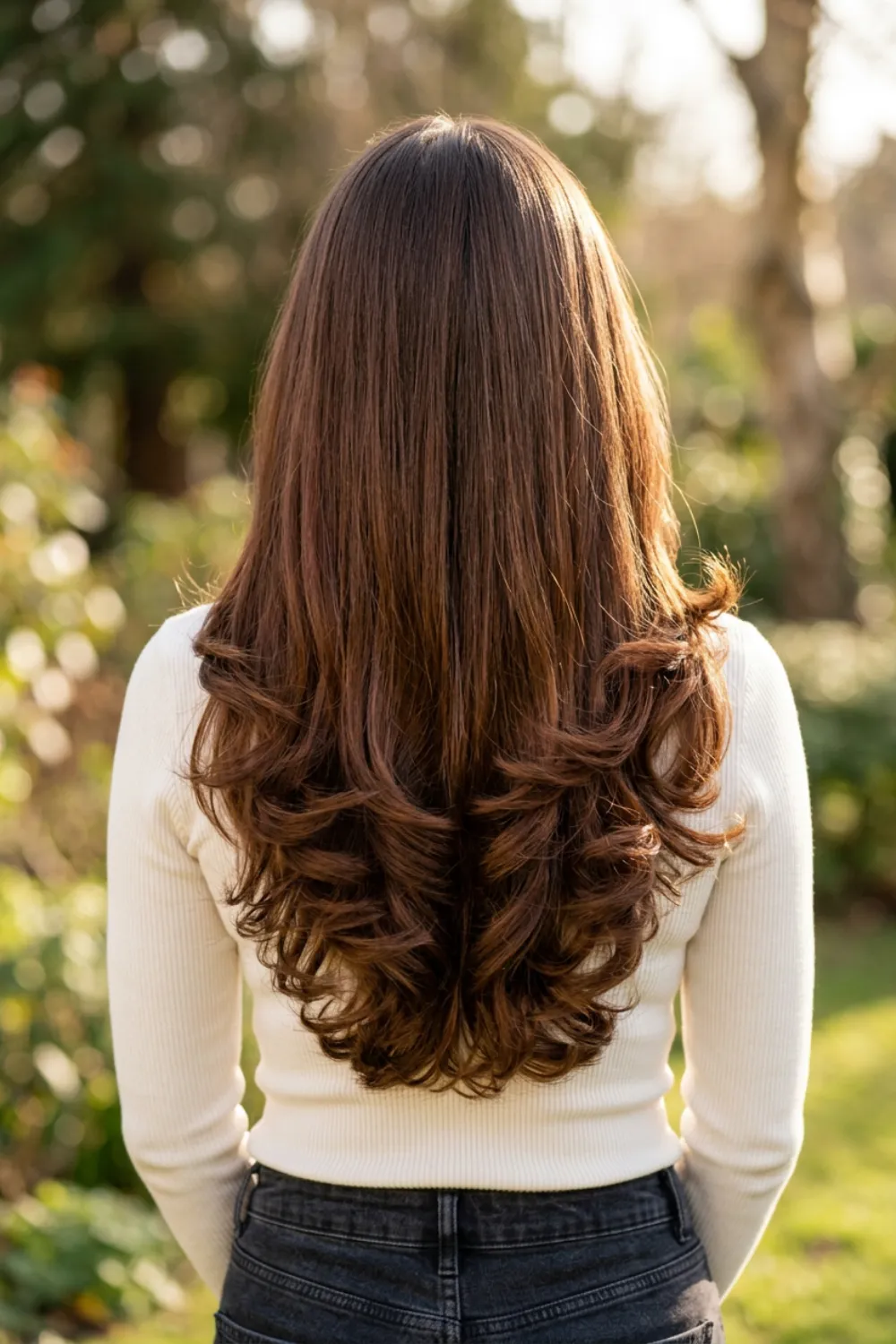 Long dark brown layered hair with lighter chestnut ends, seen from behind
