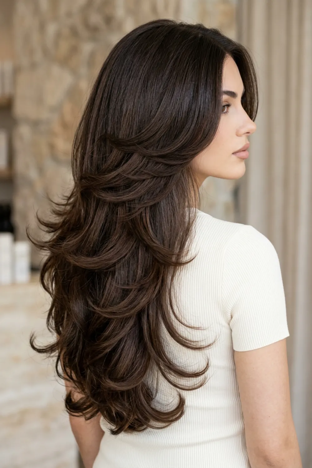 Long butterfly layers on dark brunette hair