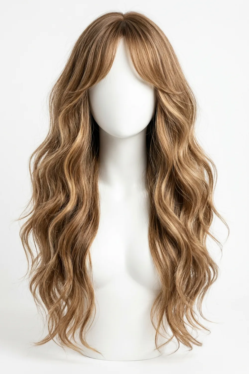 Golden brown hair with blonde highlights and curtain bangs, long waves