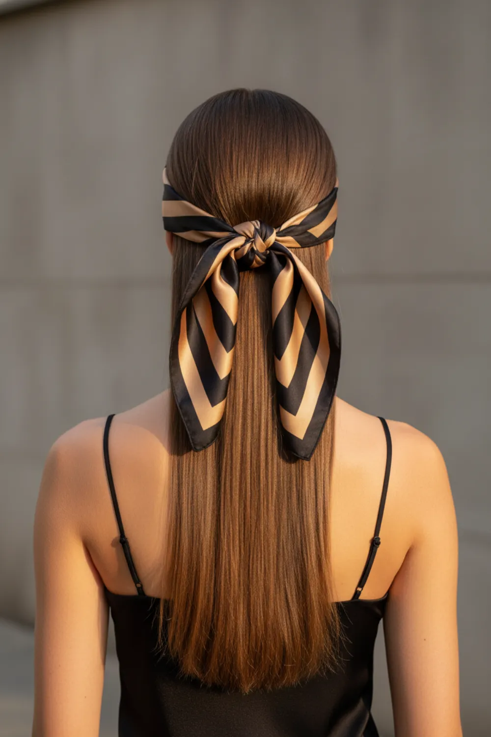 Long straight brown hair in a low ponytail tied with a striped silk scarf bow