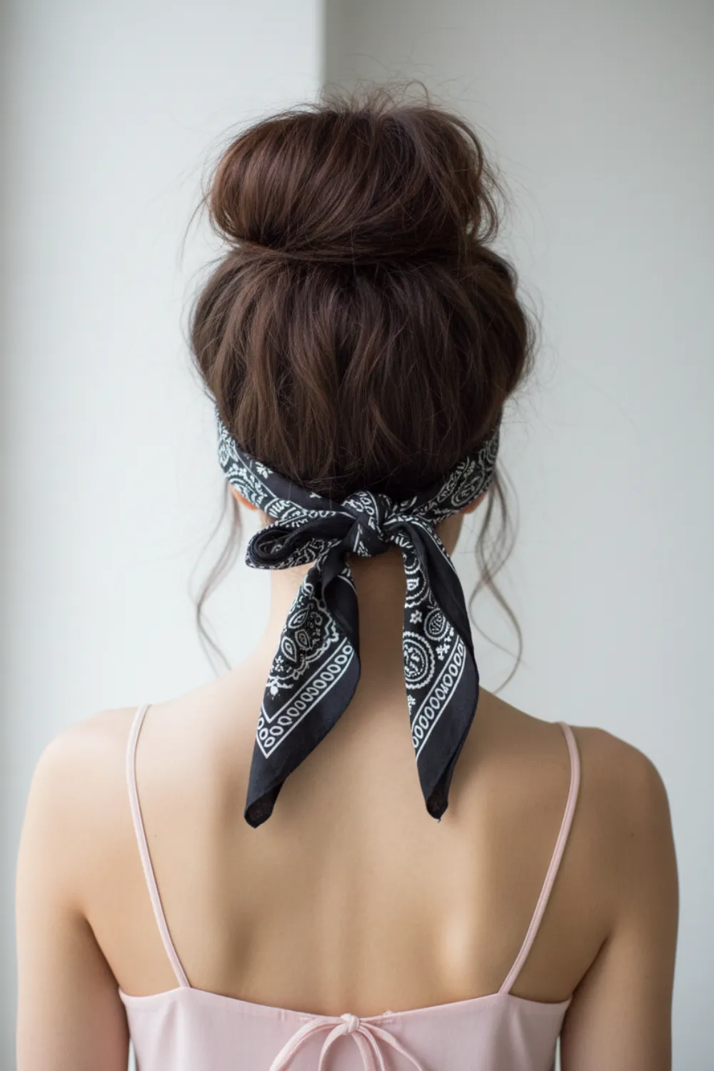 Messy brunette bun with a black paisley bandana tied at the nape