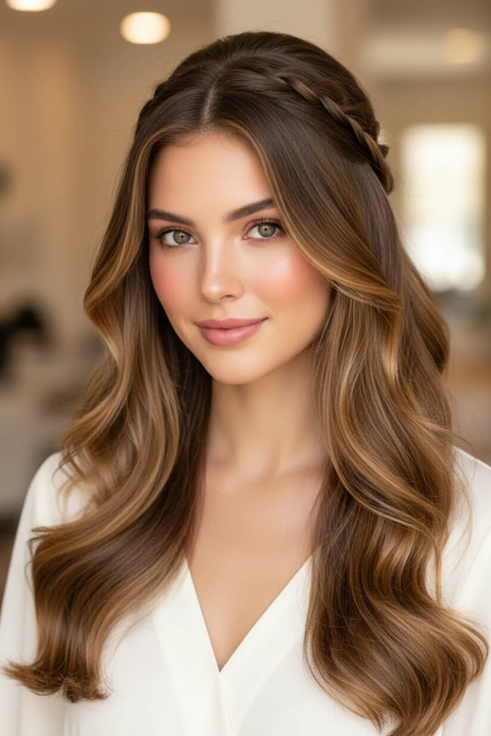 Long brunette waves with golden blonde face-framing highlights