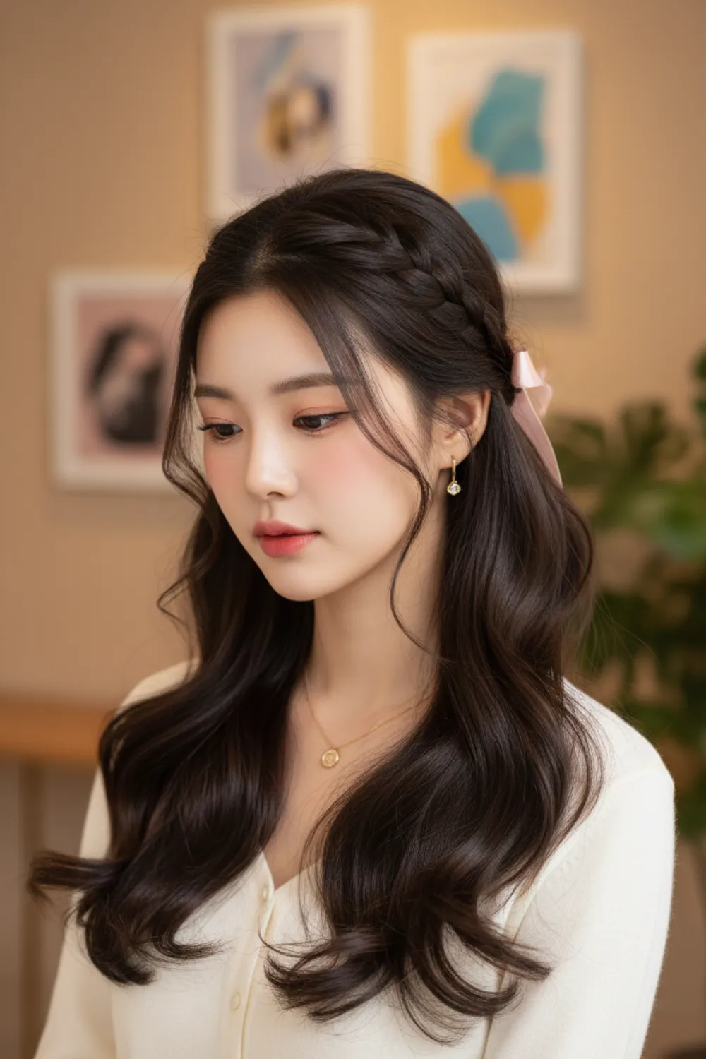Long dark hair with a braided half up section and loose waves