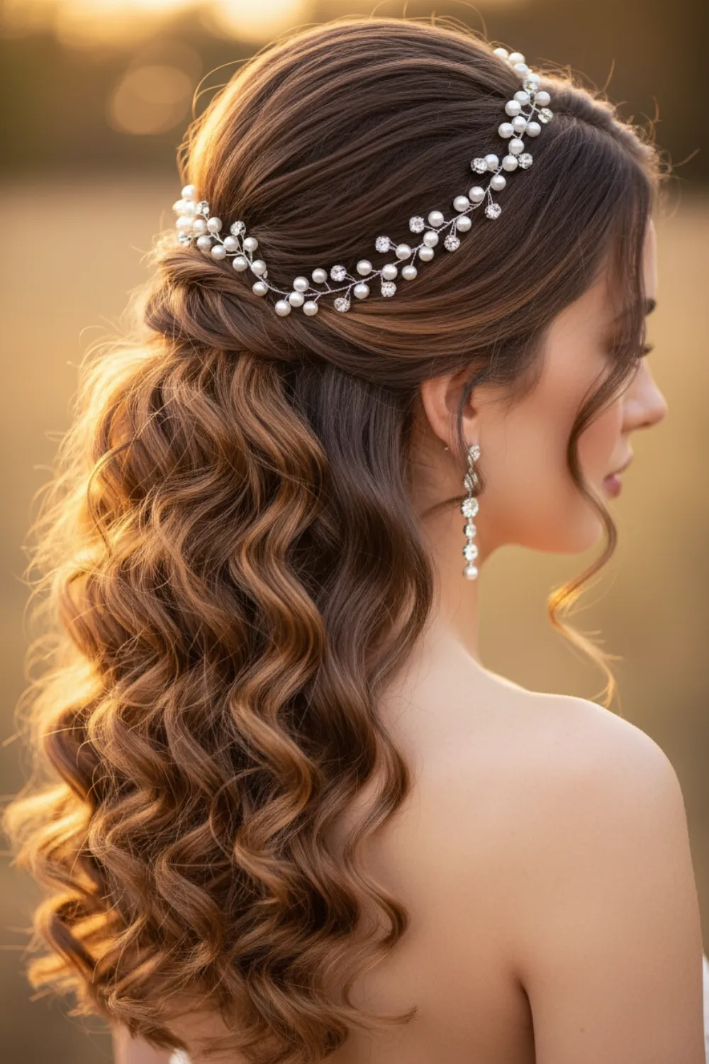 Long brown curls in a half up style with a crystal and pearl vine across the crown