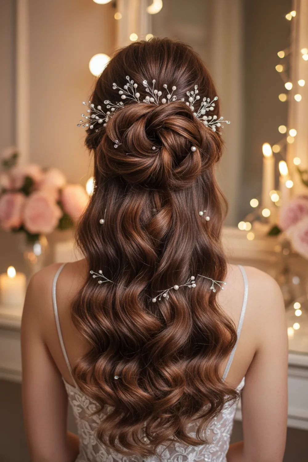 Half up half down wedding hairstyle with brown curls and a pearl hair vine