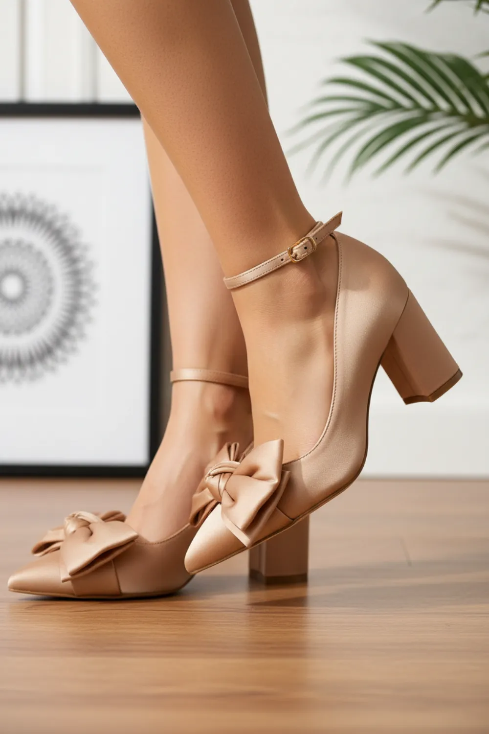 Tan block heels with bows at the toe and a buckled ankle strap