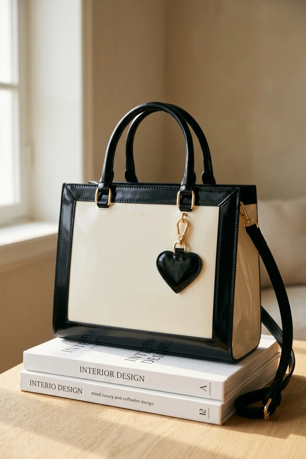 Black and cream structured tote bag with a black heart charm, standing on books