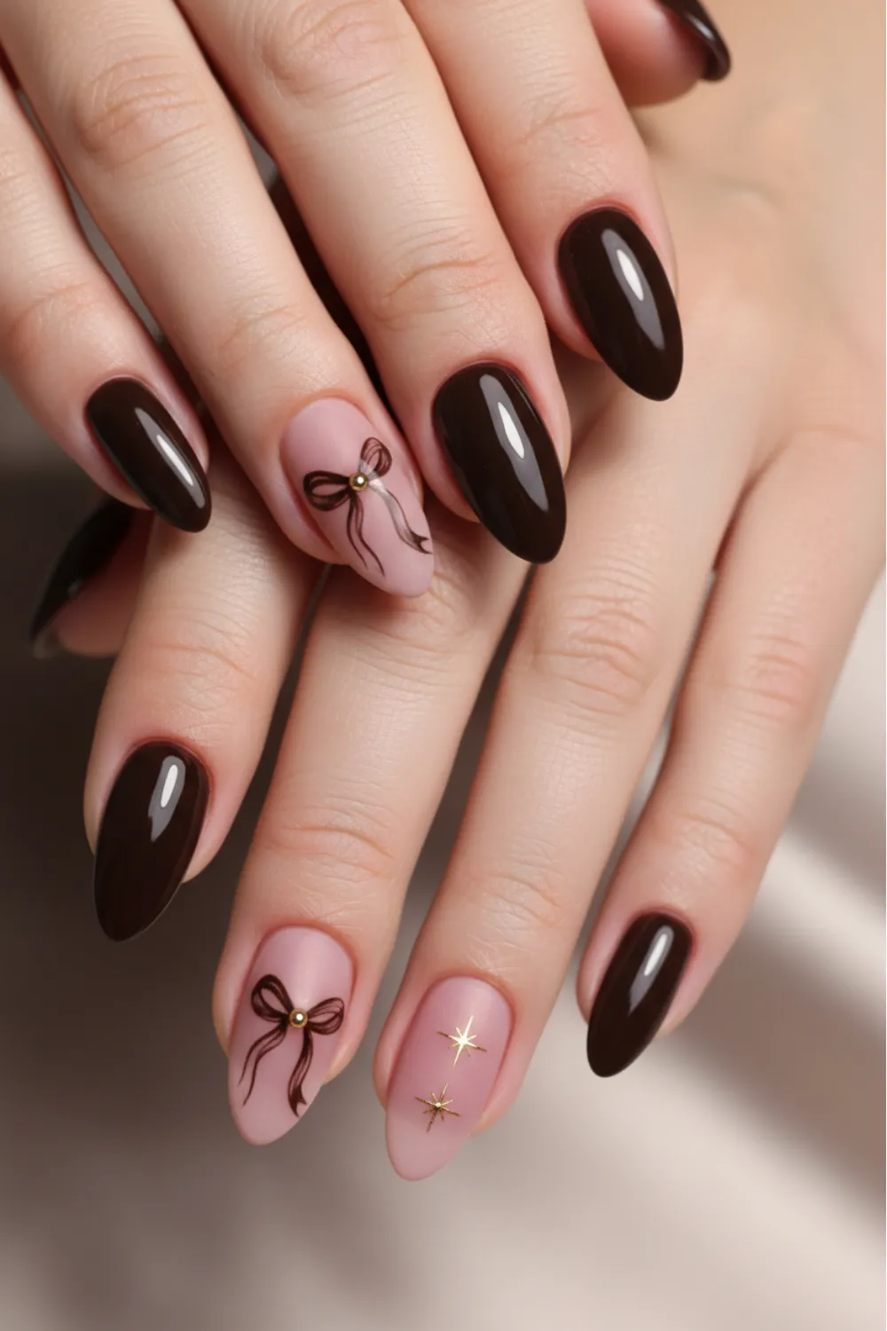 Almond nails alternating dark chocolate and blush pink with small brown bow details