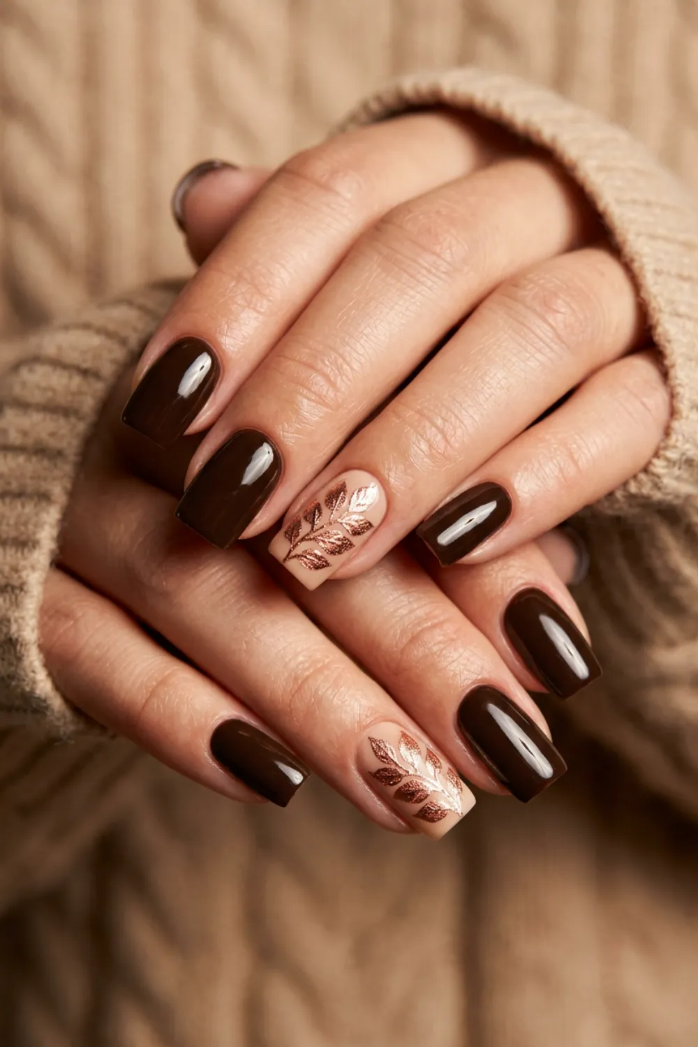 Short square nails in glossy espresso with one nude accent nail painted with brown leaves