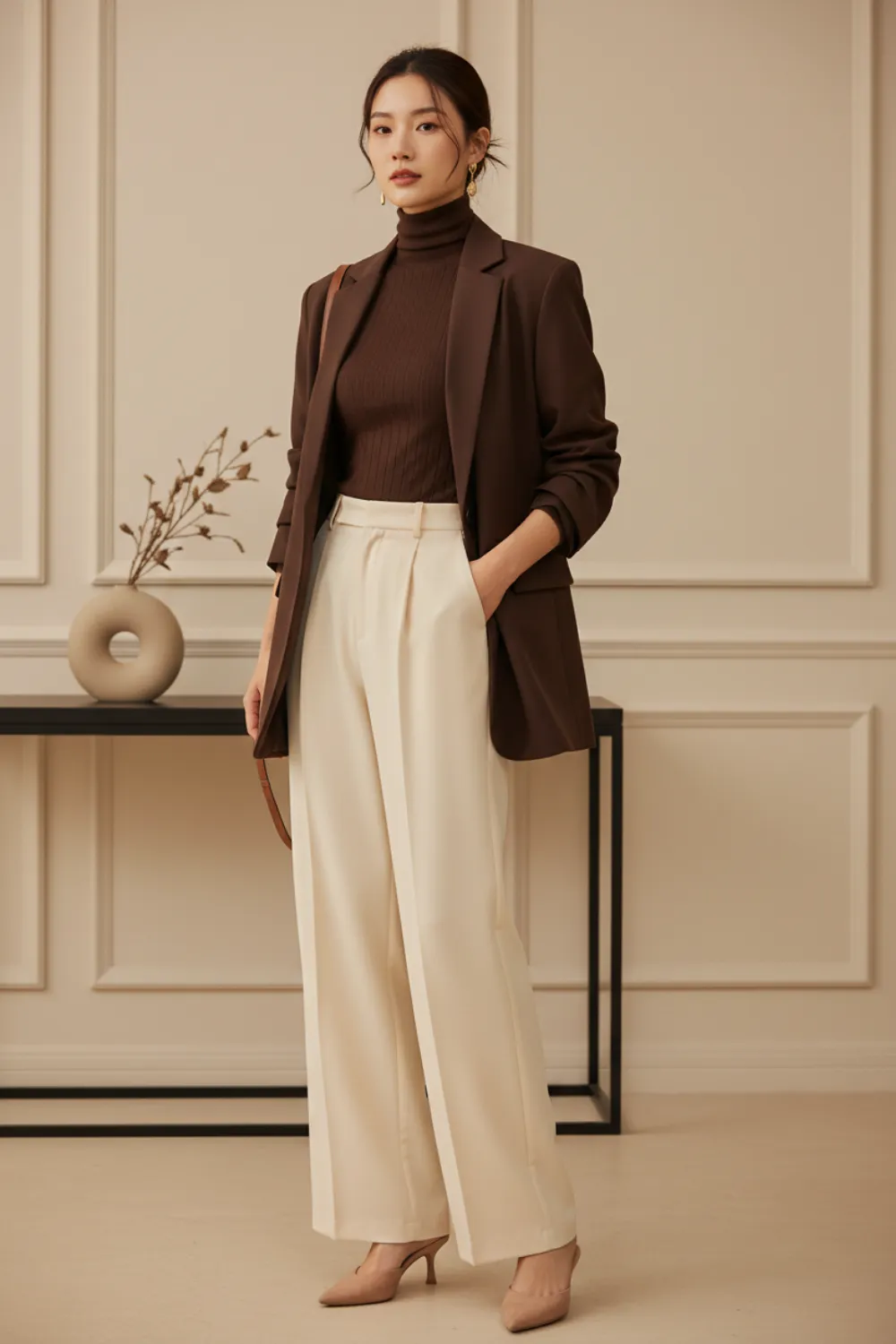 Dark brown turtleneck sweater under a chocolate brown blazer with cream wide-leg trousers and nude heels