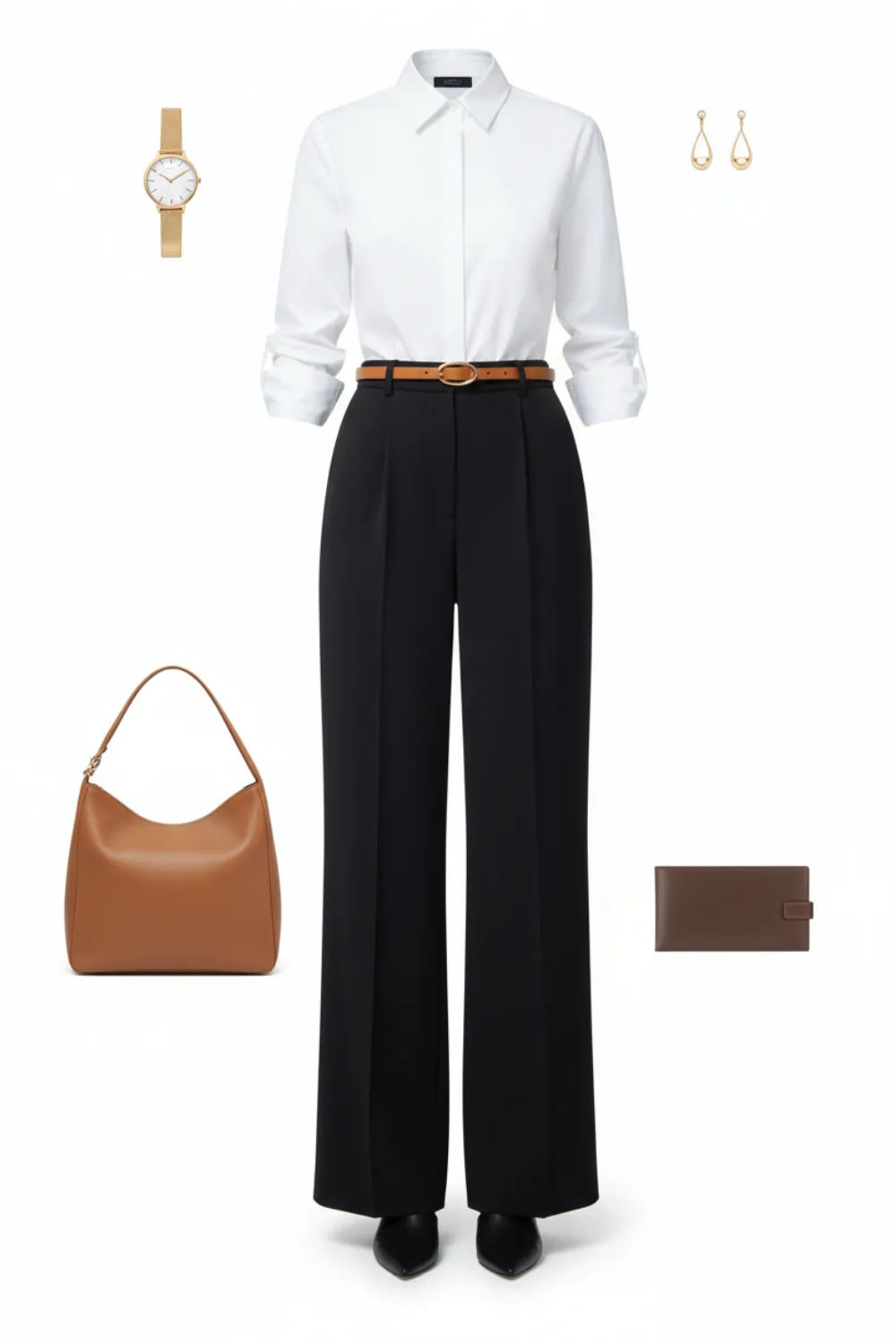 Flat lay of a white shirt, black wide-leg trousers, a tan slouchy shoulder bag and a brown wallet