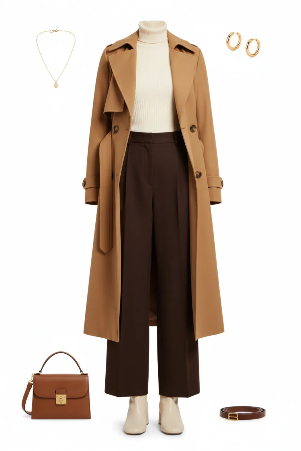 Flat lay of a camel trench coat, a cream turtleneck, dark brown trousers, a brown top-handle bag and cream shoes