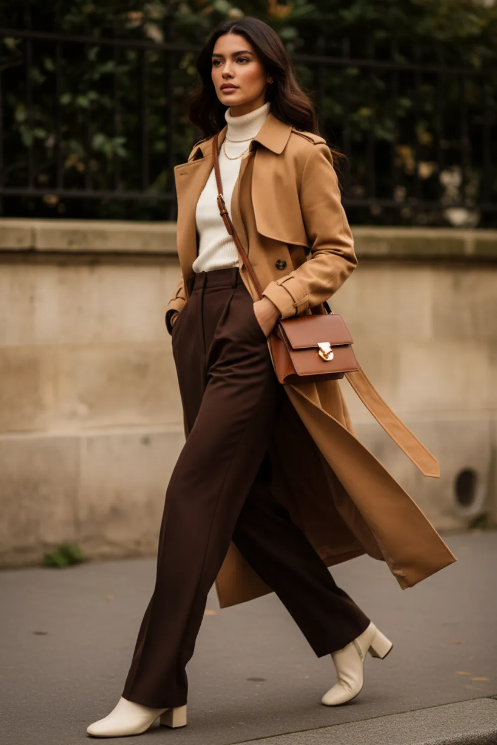 Camel trench coat over a cream turtleneck with chocolate brown wide-leg trousers and cream ankle boots
