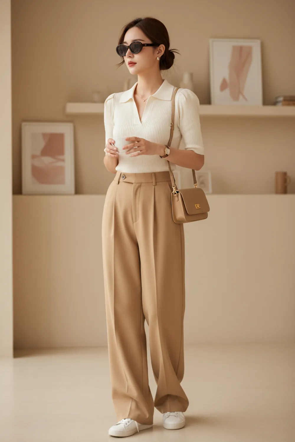 Cream short-sleeve knit polo tucked into light brown wide-leg trousers with white sneakers and a tan shoulder bag
